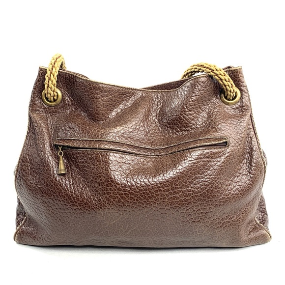 Plinio Visona Italian Brown Textured Leather Large Shoulder Bag Braided Handles - Picture 3 of 13